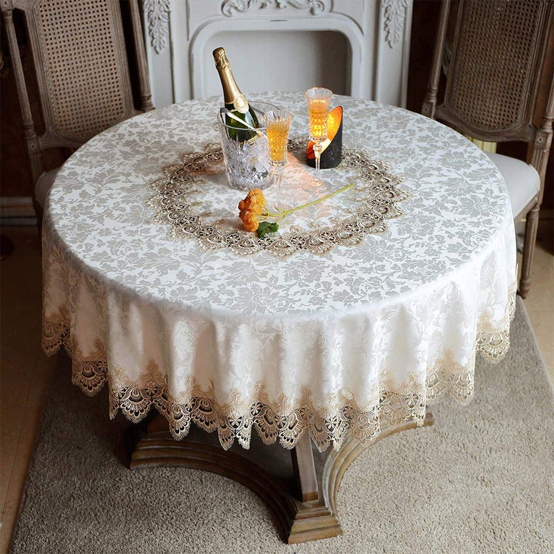 ARTABLE Round Tablecloth Lace Rustic Macrame Embroidered Table Cloths for Harvest Dresser Decor Farmhouse Kitchen Home (Light Brown, 60" Round) - Image 1